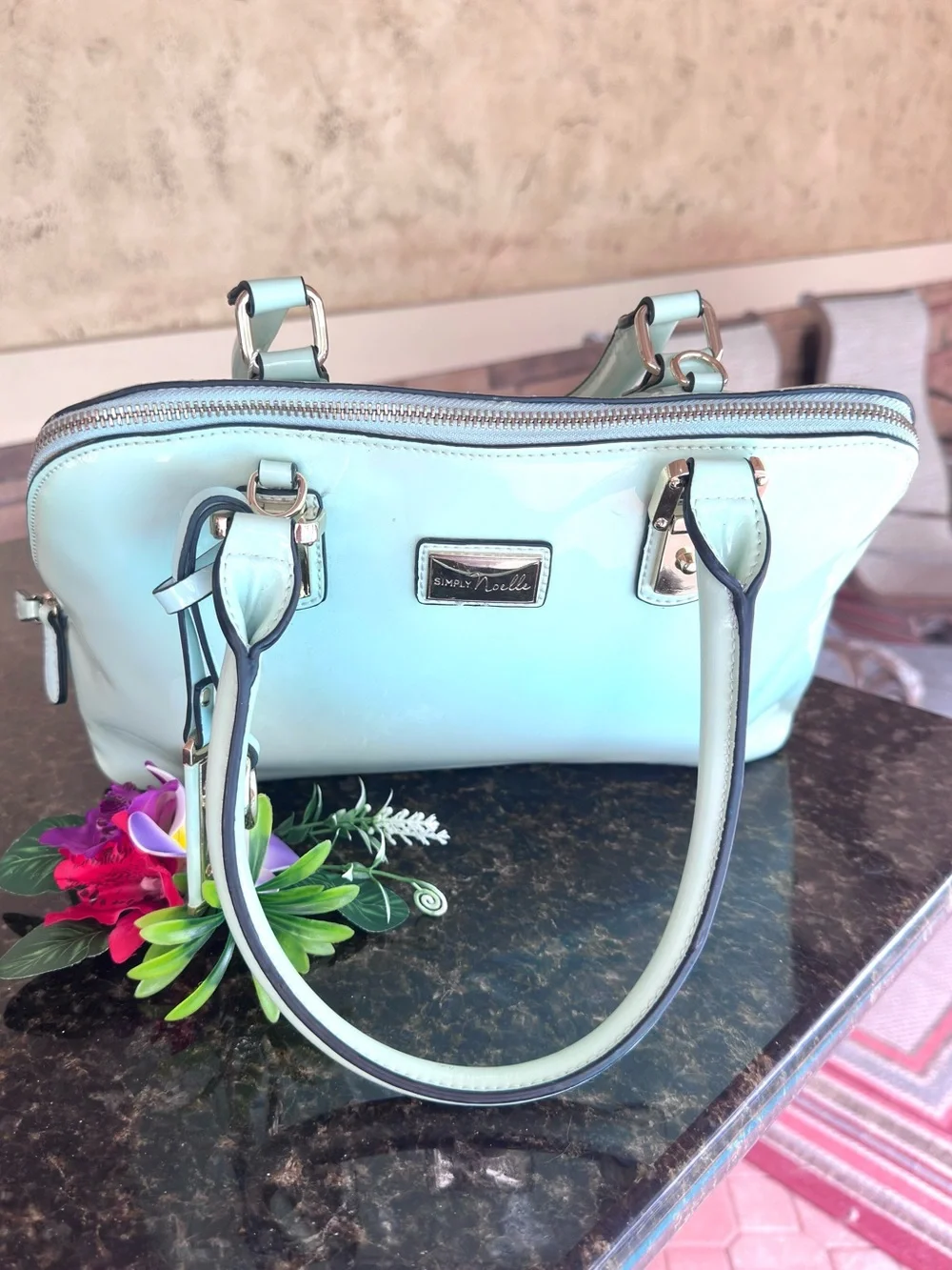 SIMPLY NOELLE ~ Mint Green Patent Sheen Dome Satchel w/Paisley Print Interior